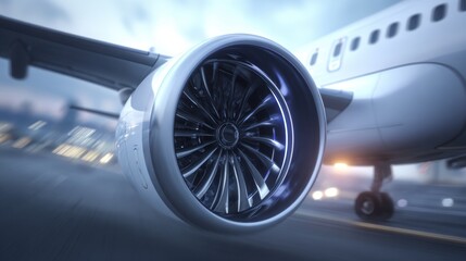 Closeup medium shot showing advanced aircraft engine technology with sharp focus on engine blades background softly blurred to highlight noise suppression features.