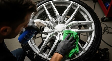 Obraz premium Car Wheel Cleaning Process Using Foam Spray And Microfiber Cloth