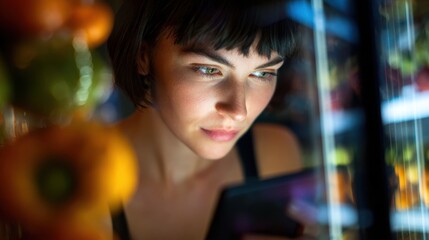 Medium shot of a woman using a tablet with augmented reality features to explore a virtual product display the tablet sharply in focus while the surroundings remain out of focus.