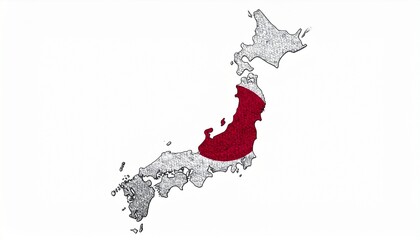The flag of Japan placed inside the map shape of Japan with fabric texture isolated on white background
