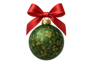 Green christmas ornament hanging with red ribbon, golden ornate pattern, festive season decoration