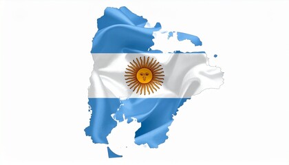 The flag of Argentina placed within the map outline of Argentina realistic fabric effect white background

