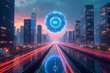 Fototapeta premium Reimagining the Cityscape: Digital Data Streams and a Floating KPI Business Dashboard in a Futuristic Metropolis