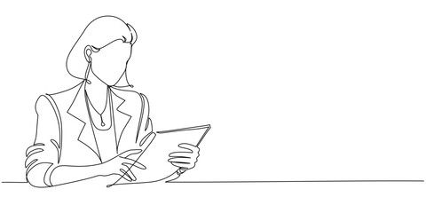 Continuous line drawing of a woman reading a document. Vector eps