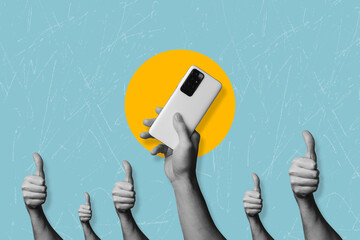 Contemporary art collage on the theme of social networks. There is a notification about a LIKE on the phone. Promotion of a personal page in social networks	
