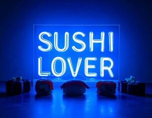 Blue neon sign with sushi