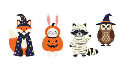 Spooky Animal Costume: a cute fox in a wizard costume, a bunny in a pumpkin costume, a raccoon in a mummy costume, and an owl in a witch hat. These creatures are adorable.