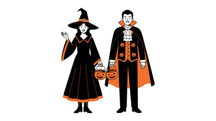 Spooky Halloween Duo: A stylish pair embodying the spirit of Halloween, with a witch in classic attire alongside a dapper vampire, ready to embrace the enchantment of the night.