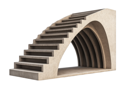 Abstract architectural stone staircase with curved support isolated on transparent background. Modern staircase with an arched entrance geometric design isolated on white background. - Powered by Adobe