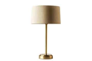A tall brass table lamp with a woven shade isolated on transparent background. Modern table lamp with a brass base isolated on white background.