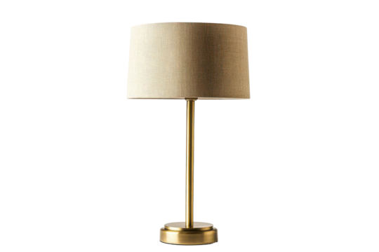 A tall brass table lamp with a woven shade isolated on transparent background. Modern table lamp with a brass base isolated on white background. - Powered by Adobe