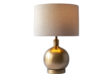 Elegant golden table lamp with textured lampshade isolated on transparent background. Modern table lamp with a brass base isolated on white background.