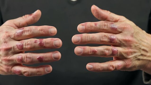The upper extremity of person receiving medical care displaying common cutaneous manifestations associated with long-term inflammatory skin conditions captured against dark backdrop