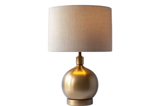 Elegant golden table lamp with textured lampshade isolated on transparent background. Modern table lamp with a brass base isolated on white background.