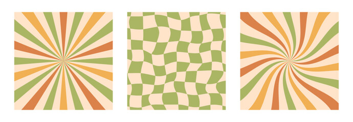 Set of abstract retro backgrounds with rays, waves, and checkered patterns in green, orange colors. Vintage optical illusion style design. Perfect for posters, print, banners with a 70s aesthetic.