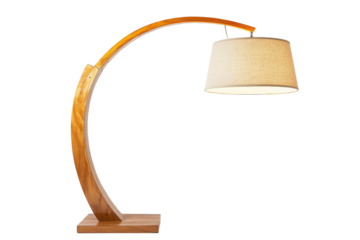 Curved wooden floor lamp with woven lampshade isolated on transparent background. Modern wooden arc floor lamp featuring a beige shade offering a stylish isolated on white background.