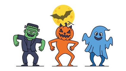 Spooky Halloween Characters: A festive illustration showcasing a comical collection of Halloween characters, with a vibrant moon, creating a cheerful and seasonal depiction.