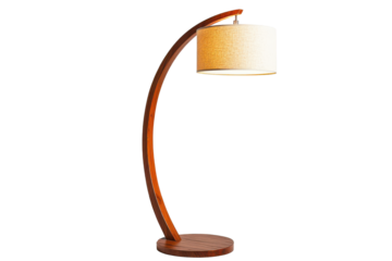 Curved wooden floor lamp with woven lampshade isolated on transparent background. Modern wooden arc floor lamp featuring a beige shade offering a stylish isolated on white background.