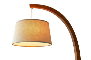 Curved wooden floor lamp with woven lampshade isolated on transparent background. Modern wooden arc floor lamp featuring a beige shade offering a stylish isolated on white background.