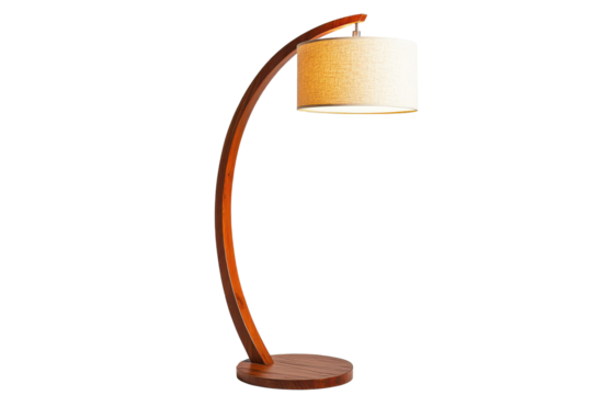Curved wooden floor lamp with woven lampshade isolated on transparent background. Modern wooden arc floor lamp featuring a beige shade offering a stylish isolated on white background.