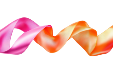 Flowing satin ribbon in orange and pink isolated on transparent background. Orange and pink satin ribbon with smooth flowing curls isolated on white background.