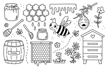 A cute beekeeping set with jars of honey, a beehive, honeycombs, a wooden barrel, cute bees and flowers. Vector hand-drawn illustration in doodle style. Perfect for decoration and various designs.