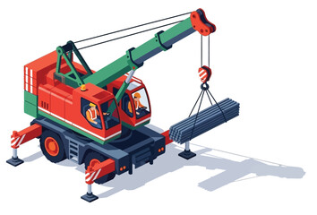 isometric construction vehicles isolated on a white background, vector illustration, depicting transportation and machinery equipment