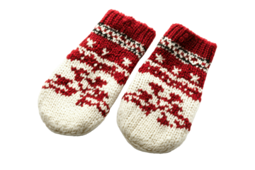 Pair of cozy knitted mittens with snowflake pattern isolated on transparent background. Pair of cozy knitted mittens in red and white featuring isolated on white background.