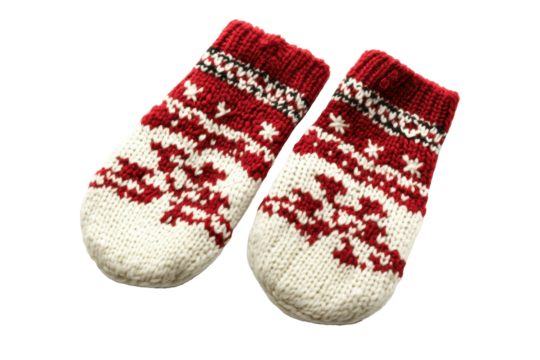 Pair of cozy knitted mittens with snowflake pattern isolated on transparent background. Pair of cozy knitted mittens in red and white featuring isolated on white background. - Powered by Adobe