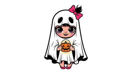 Cute Ghostly Costume: A captivating cartoon illustration of a young child playfully dressed as a friendly ghost for a festive Halloween celebration, complete with an adorable pumpkin bucket.
