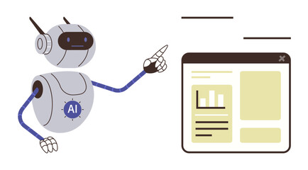 Robot with AI badge pointing to a browser window with charts, text boxes, and diagrams. Ideal for technology, machine learning, data analytics, automation, innovation, education futuristic design