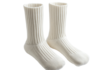 Pair of white wool socks isolated on transparent background. Pair of white ribbed socks these comfortable and stylish socks isolated on white background.