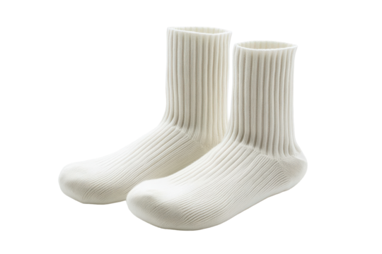 Pair of white wool socks isolated on transparent background. Pair of white ribbed socks these comfortable and stylish socks isolated on white background.