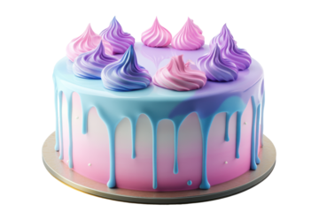 Beautiful pastel meringue topped cake isolated on transparent background. Pastel cake featuring glossy icing in soft blue pink and purple tones isolated on white background, 3d rendering.