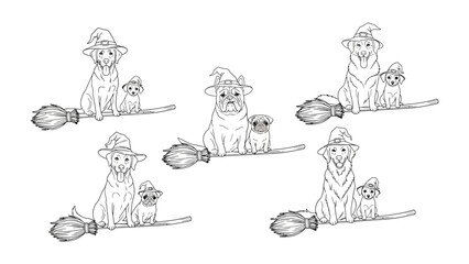 Halloween Canine Caravan: A whimsical, artistic representation of various dog breeds and companion cat, all donning witch hats, soaring on broomsticks, a perfect image for Halloween.