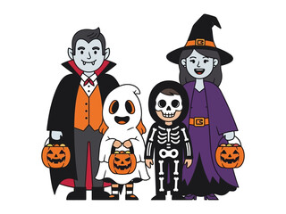 Spooky Halloween Family: A whimsical illustration showcases a family in festive costumes, ready for trick-or-treating during the Halloween season.