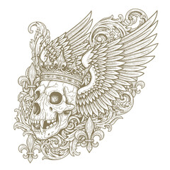 Intricate engraving of a crowned skull with large wings, surrounded by ornate baroque flourishes and gothic details.tattoo design