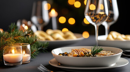 Christmas table setting with bowl of food, champagne flutes, flickering candles and a festive garland of golden ornaments and fairy lights creating a warm, inviting holiday atmosphere