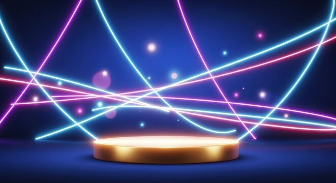 An empty golden display on a blue background with luxury bokeh decorations and neon.