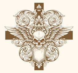 Fototapeta premium Ornate vintage engraving of skull with compass rose, surrounded by swirling victorian baroque floral flourishes.tattoo design