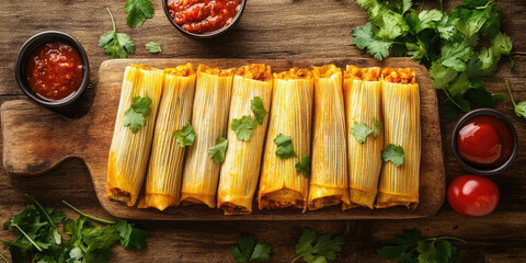 Rustic wooden table set with three tamales on a plate, salsa and side dishes, lit candles and warm bokeh evoking a festive Mexican holiday meal and cozy December celebration