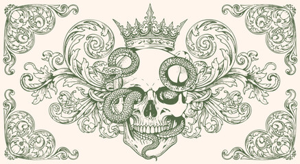 Ornate vintage engraving of skull with compass rose, surrounded by swirling victorian baroque floral flourishes.tattoo design