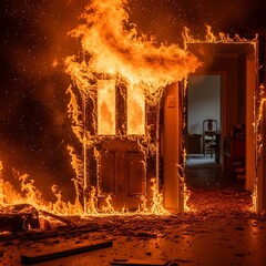 Intense flames engulf a doorway, creating a dramatic scene of destruction and fire damage within a room.