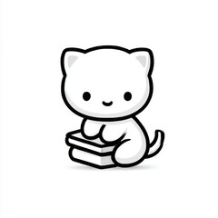 Cute Cartoon Cat, happily sitting on books, against a white background