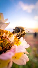 Close-up of bee on a flower at sunset