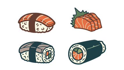 Assorted sushi and sashimi pieces displayed on a white background surface  bundle design