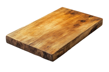 Rustic wooden block with natural bark edge isolated on transparent background. Polished rectangular wooden slab with visible knots and natural grain patterns isolated on white background.