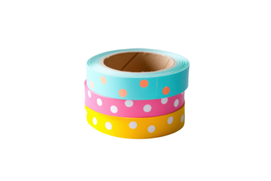 Rolls of colorful polka dot ribbon stacked isolated on transparent background. Polka dot washi tape roll isolated on white background.