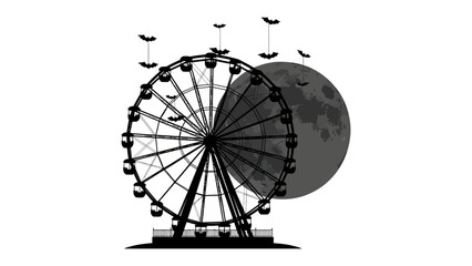 Ferris Wheel at Night: A stylized Ferris wheel silhouette dominates the scene against a moonlit sky, evoking a sense of nighttime amusement and gothic charm.