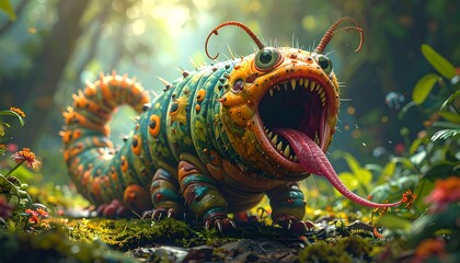 Colorful, monstrous caterpillar in a vibrant jungle